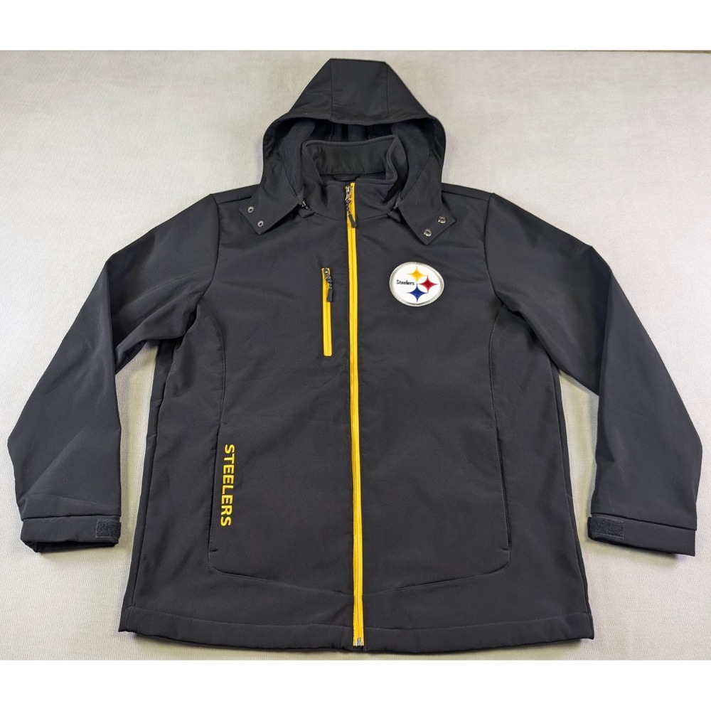 Pittsburgh Steelers Jacket Mens Large Black Coat Removable Hood Softshell NFL
